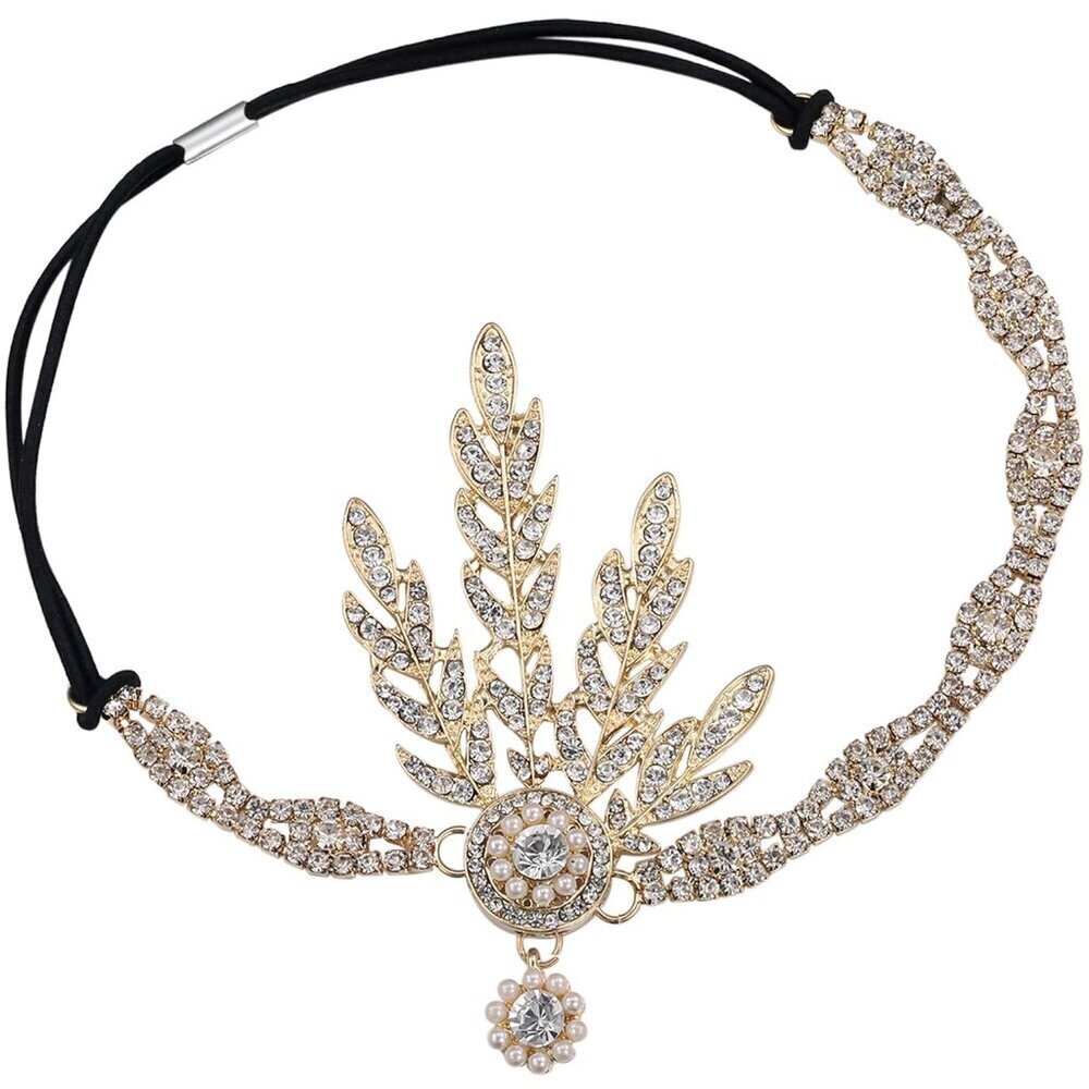 Art Deco Pearl Headband Flapper Gatsby 1920s Gold Leaf Medallion Great Gatsby